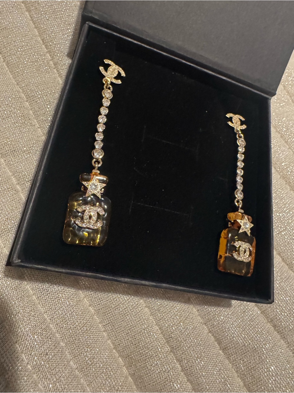 CHANEL Gold-Tone Crystal Drop Earrings with Amber Bottle Charms